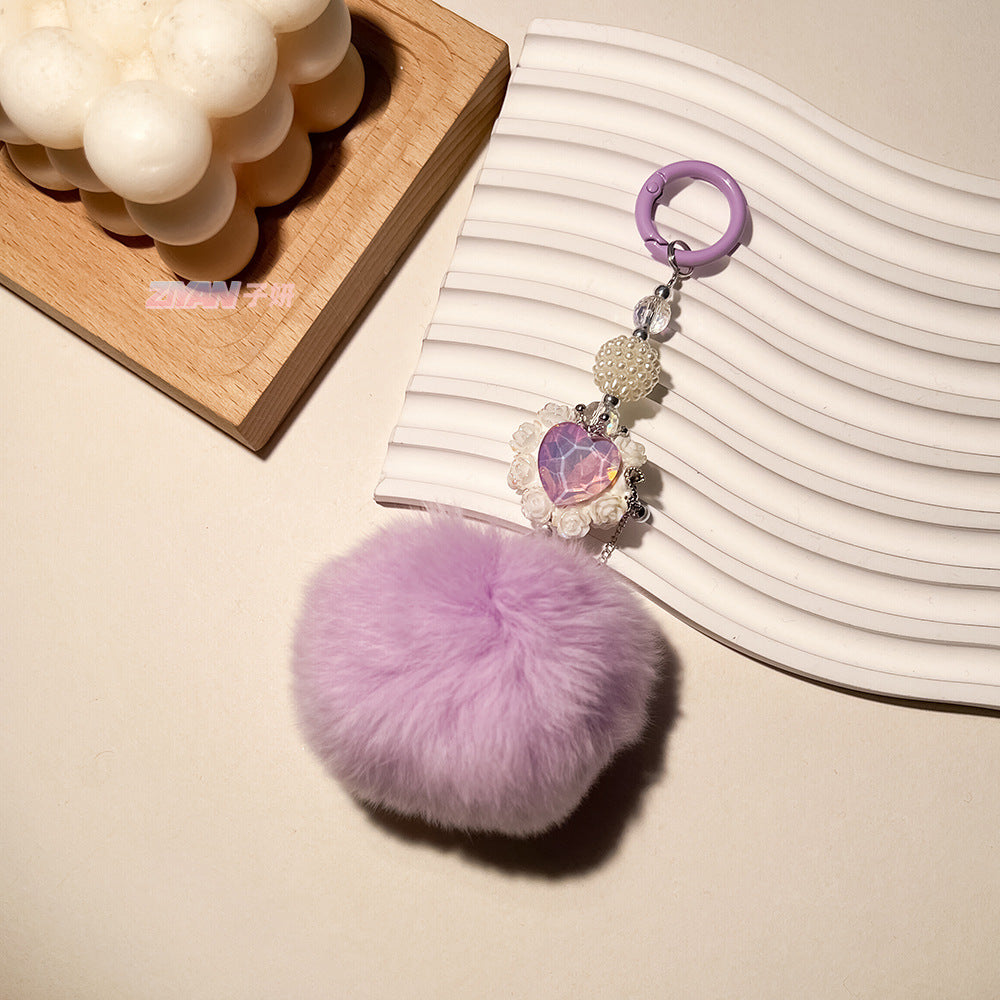 Wholesale Hair Ball Heart-shaped Rose Diamond Ball Keychain